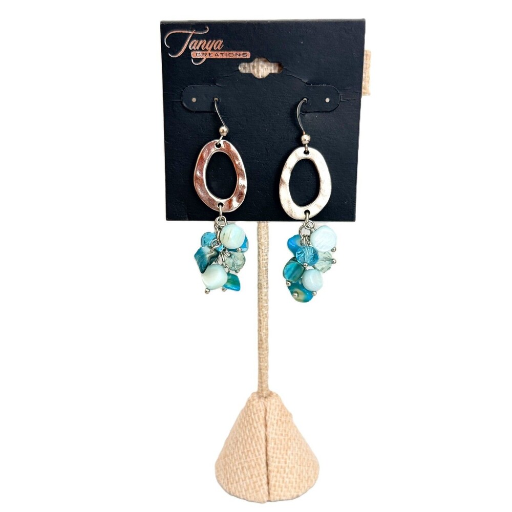 Silver Tone Hammered Hoop Blue Beaded Cluster Dangle Earrings NWТ
